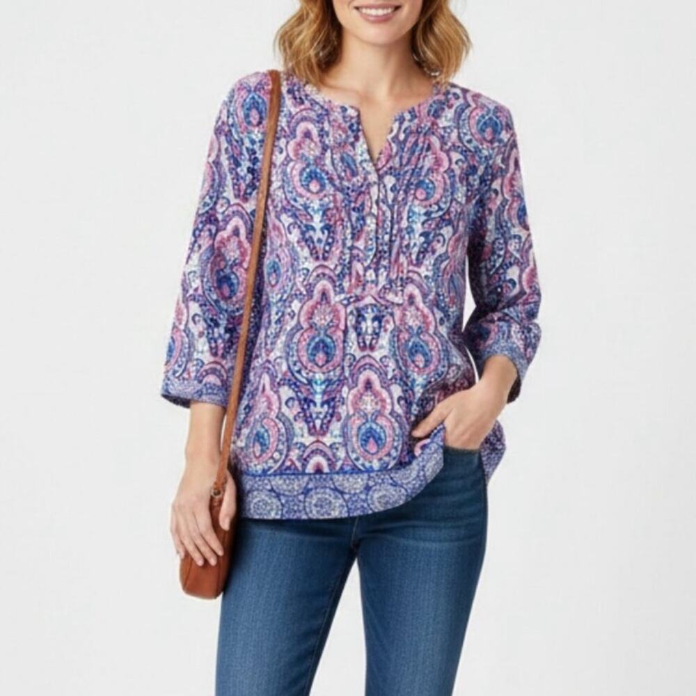 Talbots Women's XLP 3 Button Popover - Joyful Damask Top